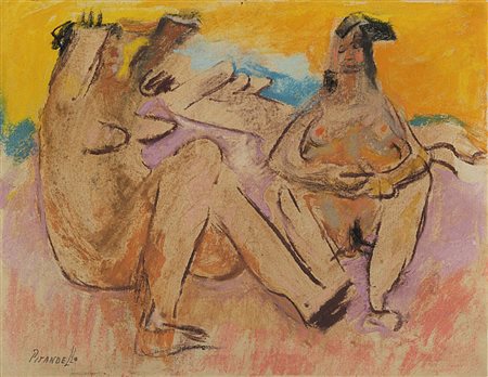 Fausto Pirandello (Roma 1899 - 1975) - "Bagnanti" tecnica mista su carta, cm...