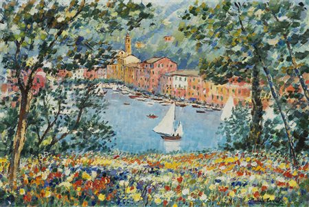 Michele Cascella (Ortona 1892 - Milano 1989) - "Portofino" 1973 olio su tela,...