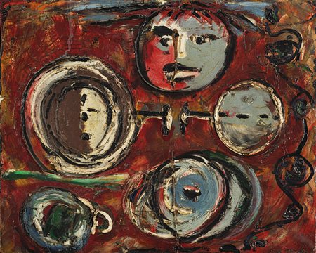 Enrico Baj (Milano 1924 - Vergiate 2003) - "Personaggi solari" 1955 olio su...