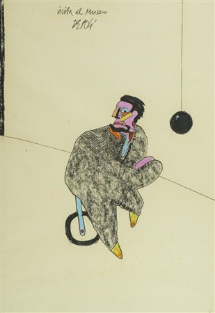 Fabio De Poli, Genova 1947 - , Visita al museo , Tecnica mista su cartoncino,...