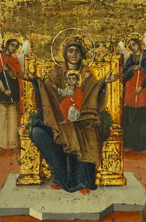 Icona Greca metà '800, - , Madonna in trono con angeli , Tavola, gesso, oro...