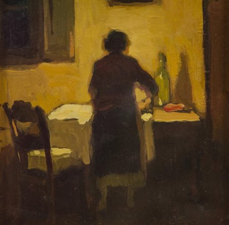 Cafiero Filippelli, Livorno 1889 - 1973, Interno con figura , Olio su tavola,...