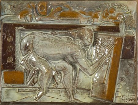 Angelo Biancini, 1911 - 1988, Figura , Ceramica invetriata, cm. 26x33x4,5, su...