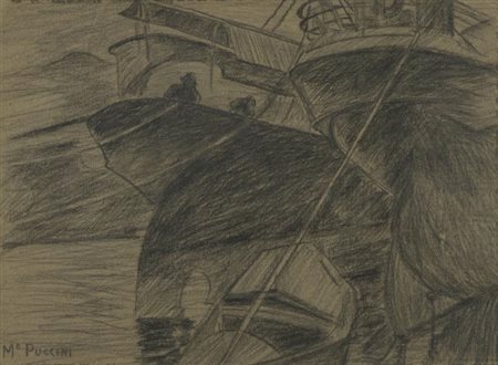 Mario Puccini, Livorno 1869 - 1920, Barche , Carboncino su carta, cm. 26x35,...