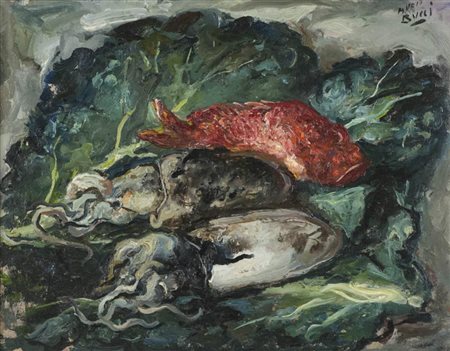 Mario Bucci, Foggia 1903 - Firenze 1970, Scorfano rosse e seppie , Olio su...