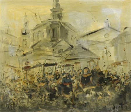 Alvaro Danti, Livorno 1911 - 1985, Piazza , Olio su tela, cm. 60x70, Firmato...