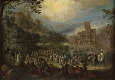 Anonimo olandese della metà del Seicento festa campestre olio su rame