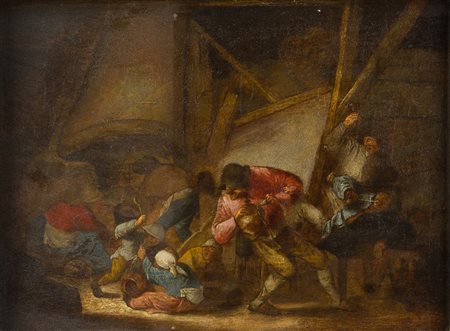 Anonimo fiammingo seicentesco Rissa in osteria olio su rame, cm. 30 x 40