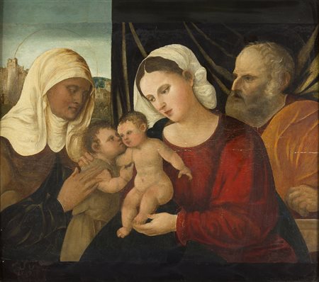 Imitatore del Bellini Sacra Famiglia con San Giovannino olio su tela, cm. 54...