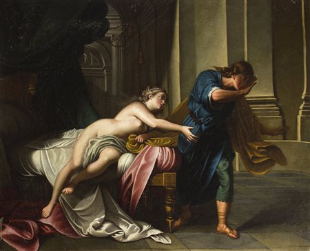 Anonimo seicentesco Giuseppe e la moglie di Putifarre olio su tela, cm. 78 x 97