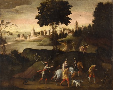 Anonimo olandese d’inizio seicento Paesaggio con allegoria della Vanitas Olio...
