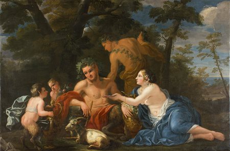 Pittore rubensiano Pan e una Ninfa Olio su tela cm. 75 x 115
