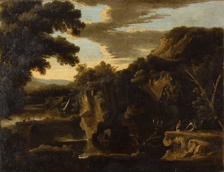 Cerchia di Salvator Rosa Paesaggio con Figure Olio su tela, cm. 48,5 x 63,5