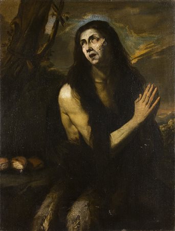 Maestro napoletano riberesco Santa Maria Maddalena nel deserto Olio su tela...