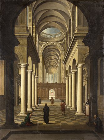 Anonimo quadraturista settecentesco Capriccio con interno di chiesa a tre...