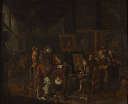 Anonimo maestro olandese Lo studio del pittore olio su tela, cm 49,5 x 60,5