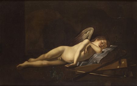 Bottega di Battistello Caracciolo Cupido dormiente olio su tela, cm. 89 x 141...