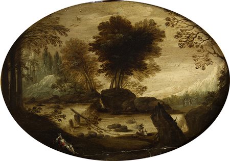 Anonimo emiliano Ovale con paesaggio Olio su tavola, cm 28 x 40