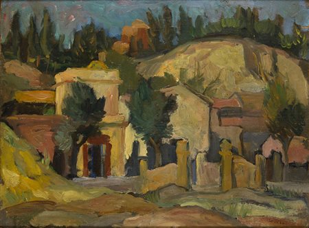 ANGELO SAVELLI Pizzo 191 - Brescia 1995 Paesaggio con case Olio su tavola cm...