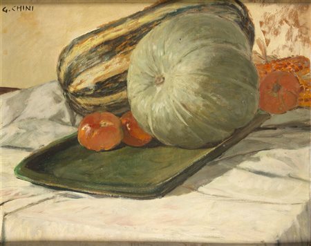 GALILEO CHINI Firenze 1873 - 1956 Natura morta con zucche Olio su tavola cm...