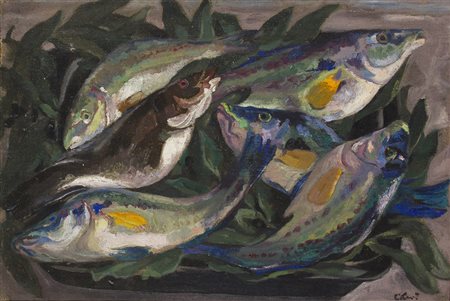 CARLO LEVI Torino 1902 – Roma 1975 Natura morta con pesci, Anni 40 Olio su...