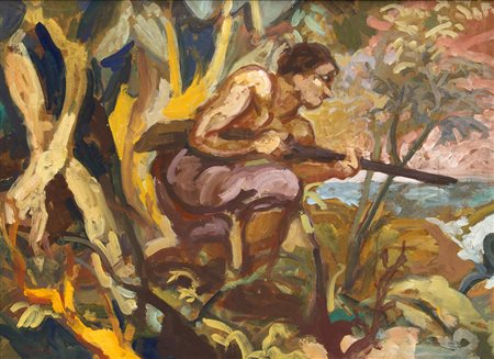 NINO BERTOLETTI Roma 1889 - 1971 Cacciatore, 1952-53 Olio su tavola cm 60,5 x...