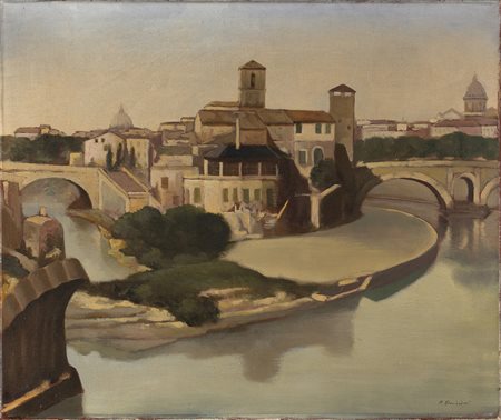 FRANCESCO TROMBADORI Siracusa 1886 – Roma 1961 Isola Tiberina Olio su tela cm...