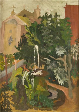 CORRADO CAGLI Ancona 1910 – Roma 1976 Piazza con fontana, 1940 Olio su tavola...