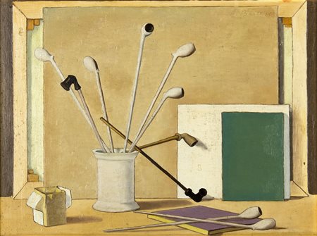 ANTONIO BUENO Berlino 1918 – Fiesole 1984 Vaso con pipe e libri Olio su...