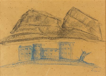 MARIO SIRONI Sassari 1885 – Milano 1961 Paesaggio montano con case e figure...