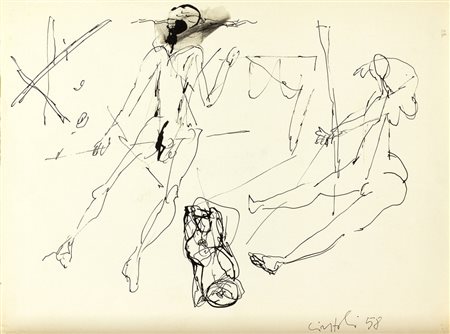 CLAUDIO CINTOLI Imola 1935 - Roma 1978 Studio di figure, 1958 China su carta...