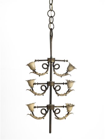 Lampadario a sospensione in vetro, ottone e alluminio laccato bianco....