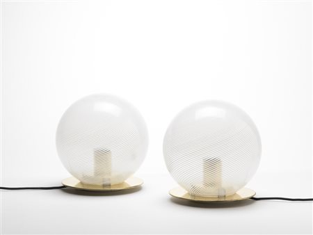 Venini. Coppia di lampade da tavolo della serie "Tessuti" con paralume in...