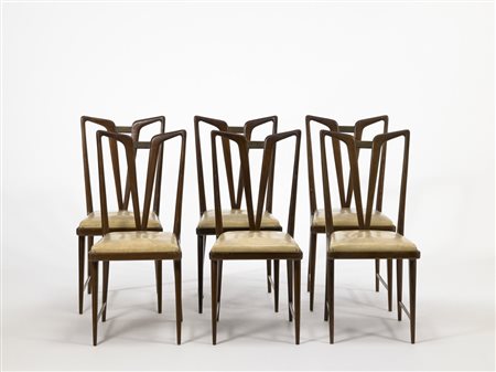 Sei sedie in mogano con seduta rivestita in skay color crème e inserti in...