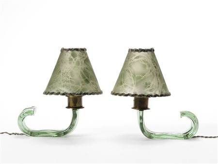 Seguso (attribuito) Coppia di abat-jour in vetro massello verdino e ottone,...