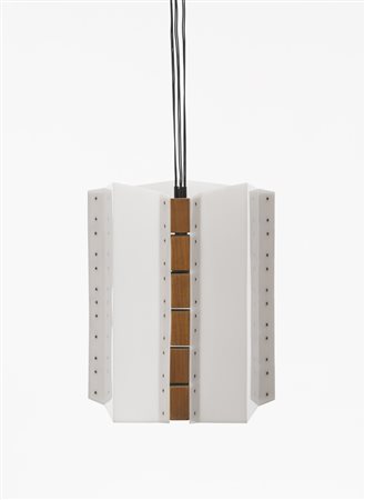 Lampada a sospensione in legno e plastica. Produzione Alfaplast, Italia anni...
