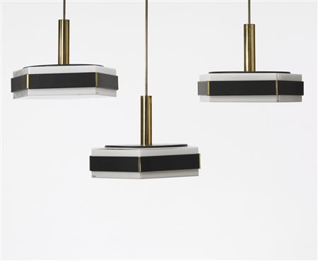 Stilux Gruppo di tre lampade pentagonali a sospensione. Milano anni 60....