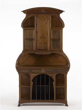 Mobile credenza/espositore Liberty a doppio corpo in legno intagliato in...