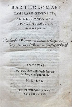 FIRST EDITION OF CAMERARIO'S TREATISE ON THE RULES OF FASTING, PRAYER AND...