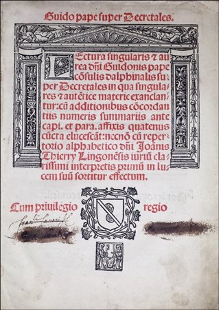 FIRST EDITION OF GUY DE LA PAPE'S COMMENTARY ON THE DECRETALSDE LA PAPE, GUY....