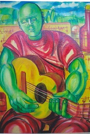Gianbar "Suonatore di chitarra" Olio su tavola applicata su tela cm. 50x40