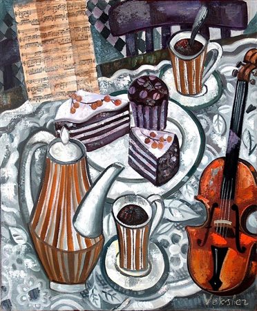 Samuel Veksler "La coppa di frutti" olio su tela cm 55x46