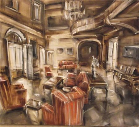 Loredana Cacucciolo "Il salotto a righe" olio su tela cm 78x84x5. Autentica...