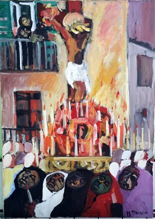 Saverio Terruso "Processione a Monreale" 1971 olio su tela cm 70x50