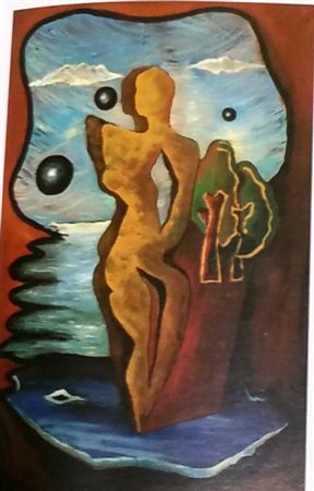 Pippo Oriani "Divinità spaziali" 1933. Olio su tavola cm 48,5x31,5. Opera...