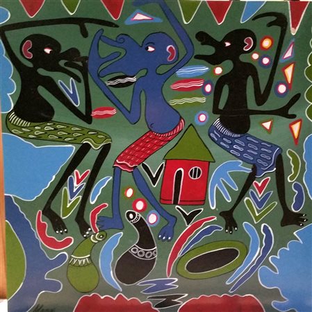 George Lilanga "Villaggio Africano" olio su masonite cm 61x61. Autentica Capt...