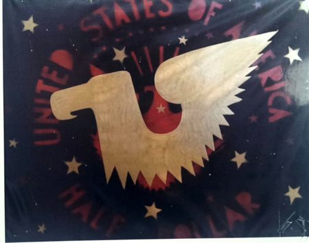 Franco Angeli "Half Dollar" anni 70 con tulle. Smalto su tela cm 80x100....