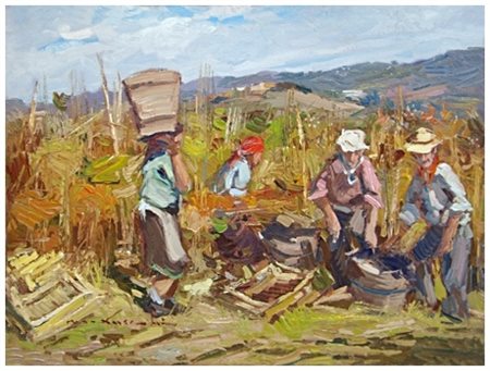MASANIELLO LUSCHI Livorno 1942 – Livorno 1995 Tempo di vendemmia Olio su tela...