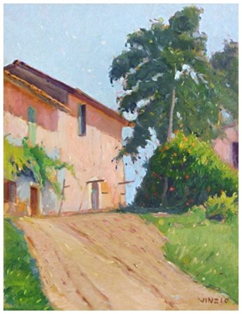 GIULIO CESARE VINZIO Livorno 1881 – Milano 1940 Casetta rosa 1918 Olio su...
