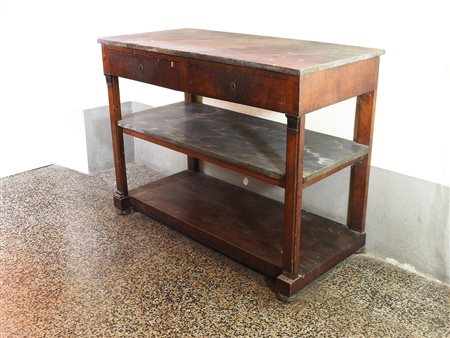 Console impiallacciata in piuma di mogano metà del XIX secolo piano in marmo...